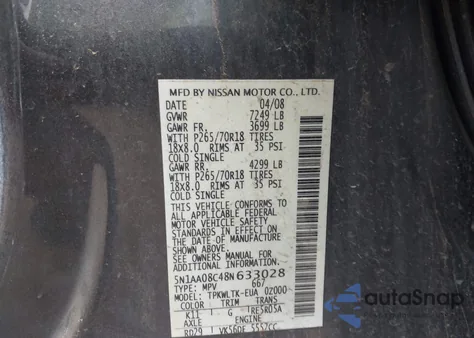 2008 Nissan Armada Se from USA, damaged, VIN 5N1AA08C48N633028